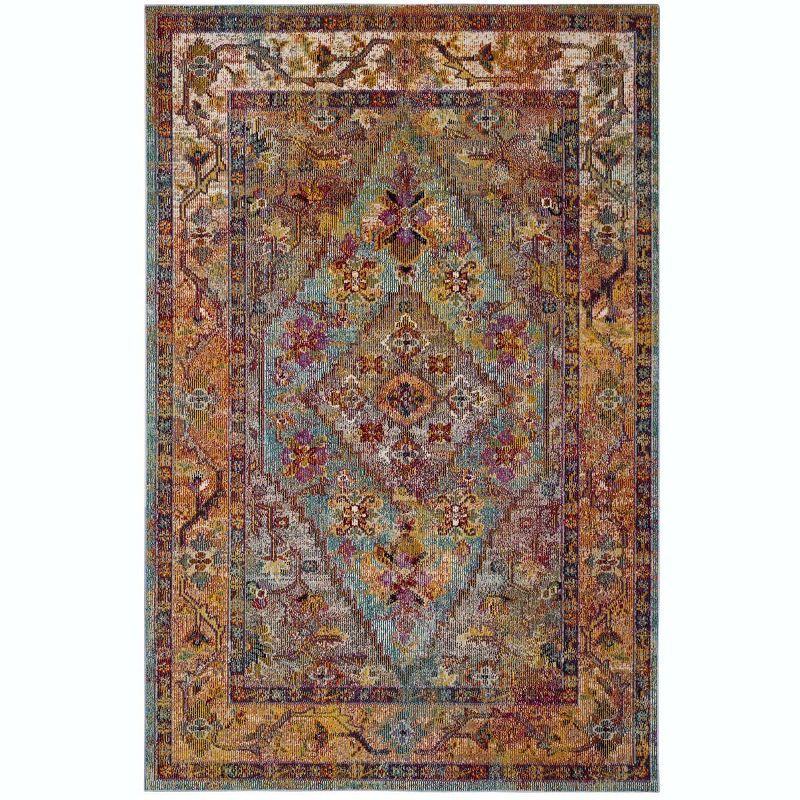 Light Blue and Orange Rectangular Oriental Area Rug