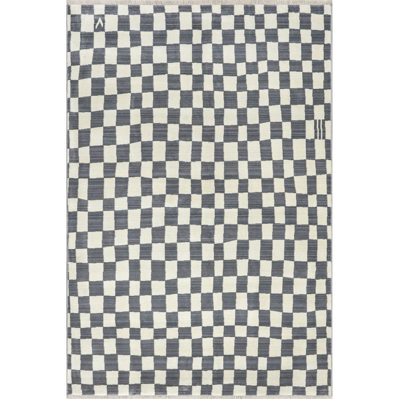 Dominique Gray Abstract Checkered Fringe Area Rug, 9' x 13'