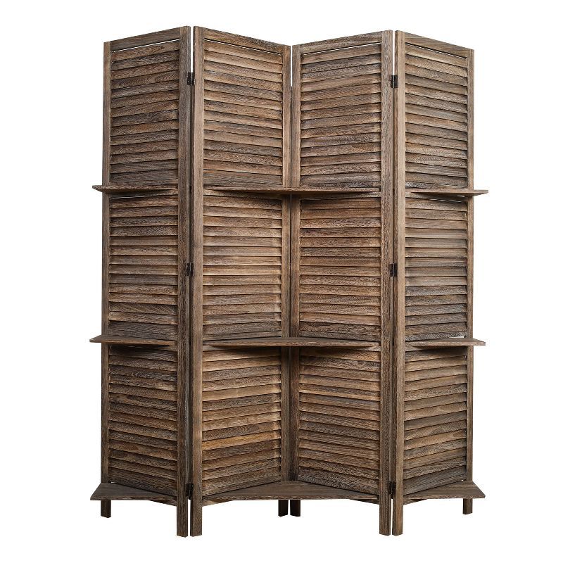 Rustic Brown Paulownia Wood 4-Panel Folding Screen with Shelves