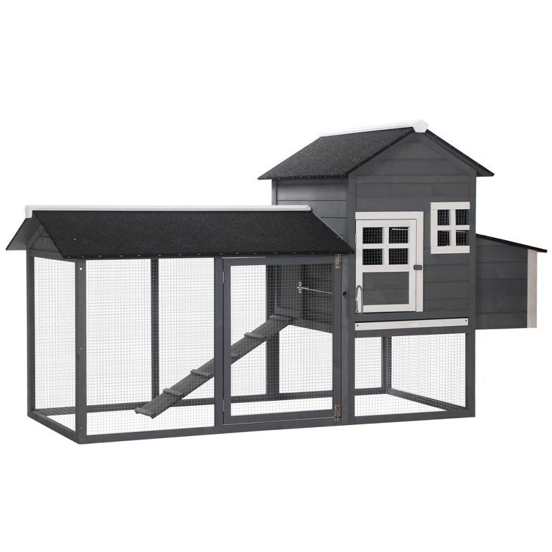 Gray Wooden Chicken Coop with Nesting Box and Run