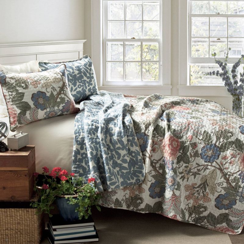 Sydney Floral Reversible Cotton Quilt Set King Green/Blue