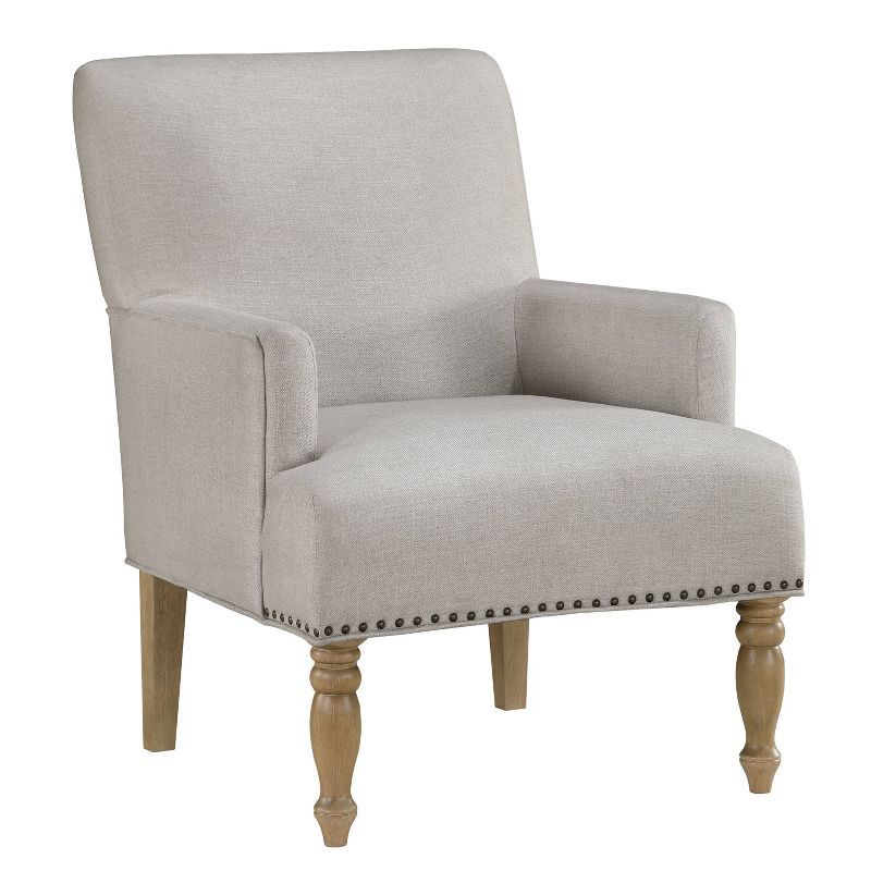 Beige Upholstered Accent Chair with Nailhead Trim and Wood Legs