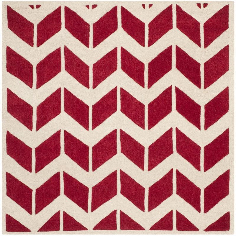 Hand-Tufted Square Red/Ivory Wool Rug 59" Non-Slip