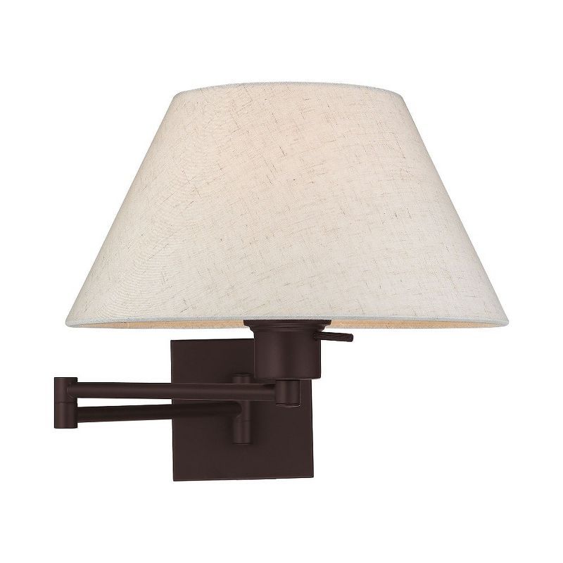 Bronze Finish Swing Arm Wall Lamp with Oatmeal Fabric Shade
