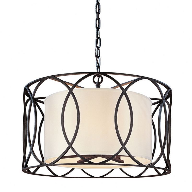 Deep Bronze Drum Pendant Light with Linen Shade