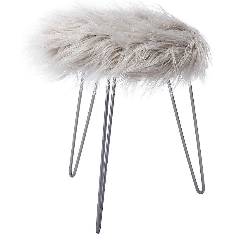 Round Gray Faux Fur Ottoman with Silver Metal Legs