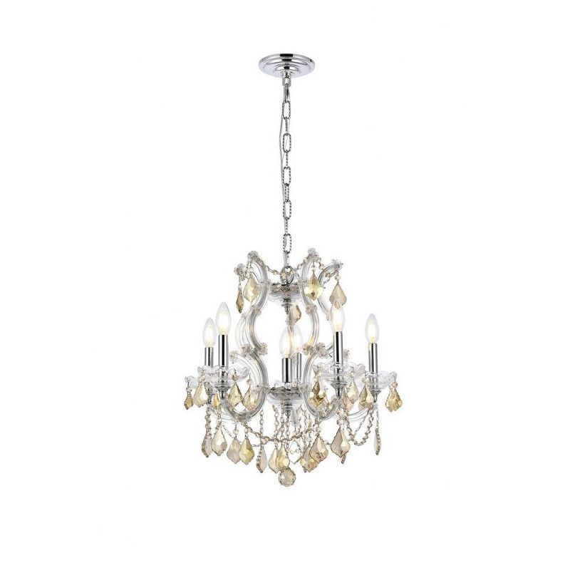 Golden Teak Crystal 6-Light Chrome Pendant with Royal Cut Trim