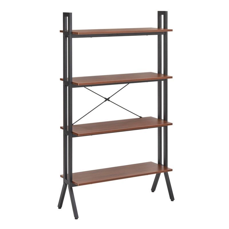 Walnut and Black 4-Tier Bookshelf with Metal Frame