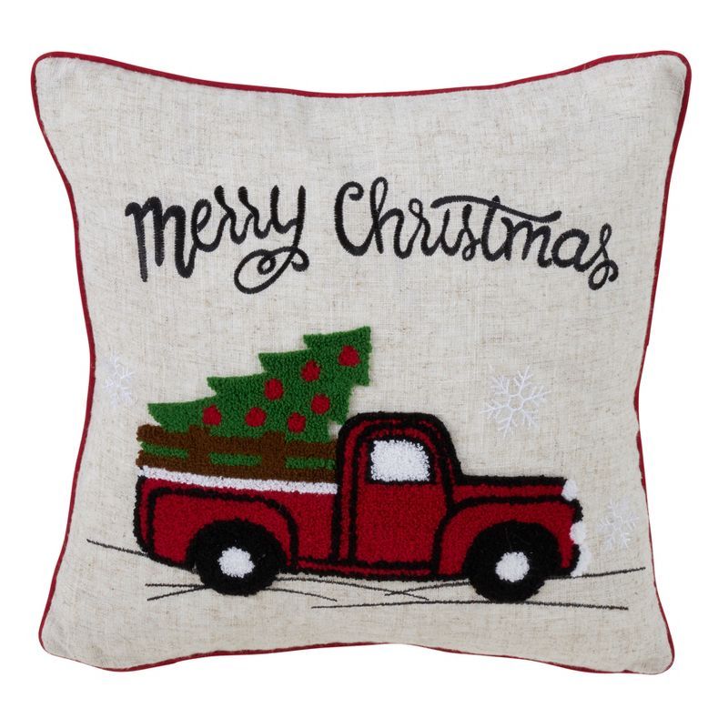 Rustic Christmas Red Truck Embroidered Square Pillow