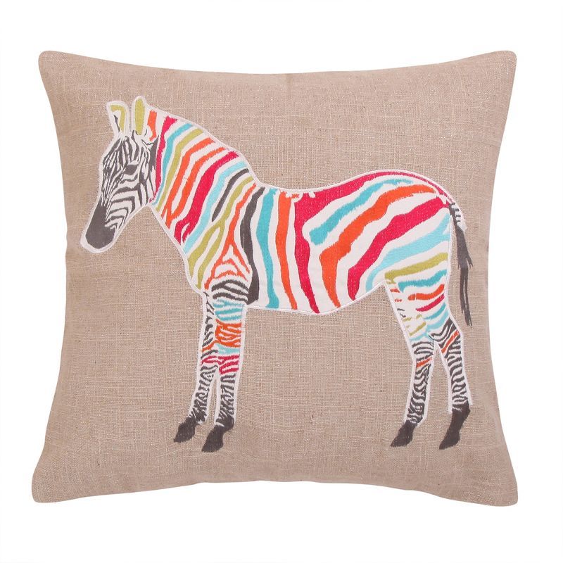 Multicolor Zebra Embroidered Burlap Throw Pillow 20x20