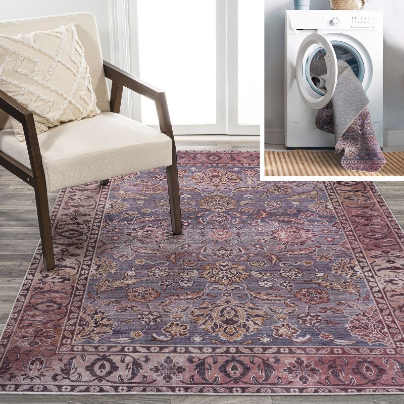 Gray and Plum Persian Floral Machine-Washable 4' x 6' Area Rug