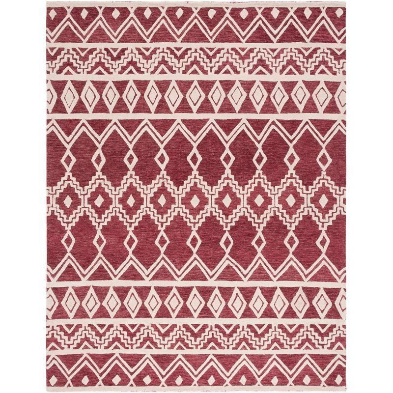 Hand-Tufted Red and Ivory Wool Abstract 8' x 10' Area Rug
