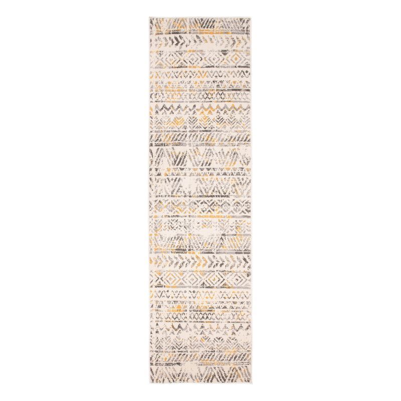 Geometric Gray and Yellow Synthetic 2' x 7' Runner Rug