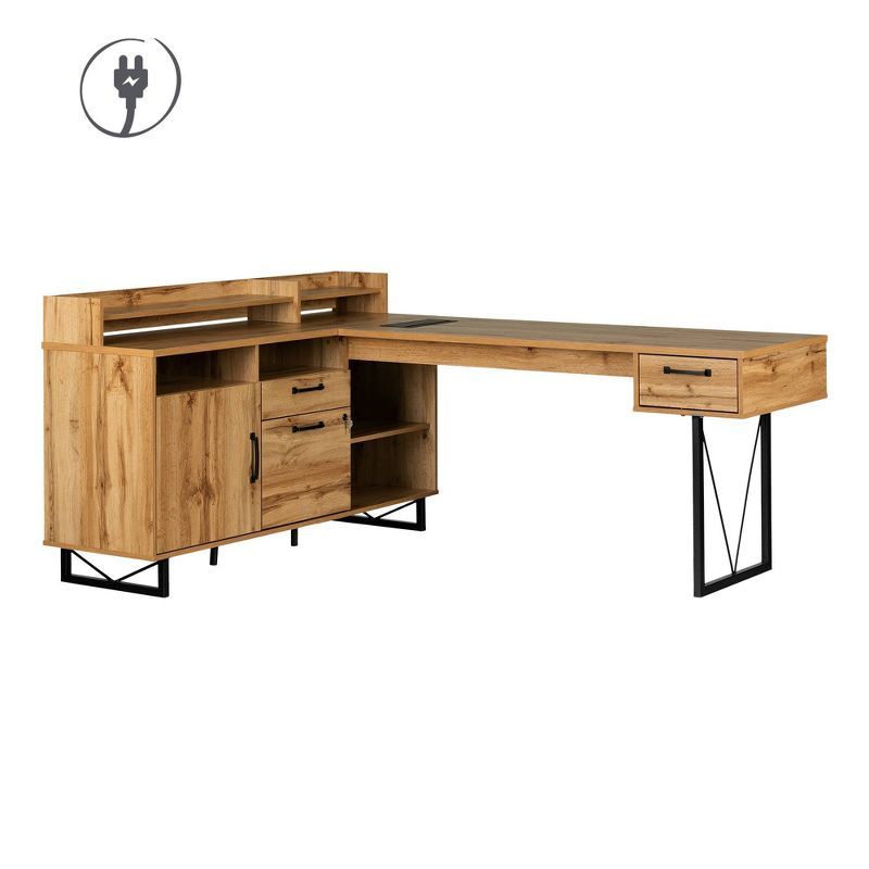 Nordik Oak L-Shaped Computer Desk with Hutch and Power Outlet