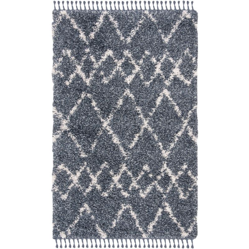 Blue and Creme Geometric Shag Area Rug with Tassels