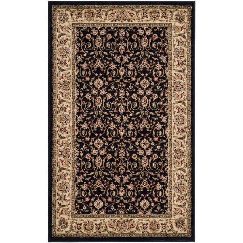 Black Floral Synthetic 4' x 6' Area Rug with Border Embellishment