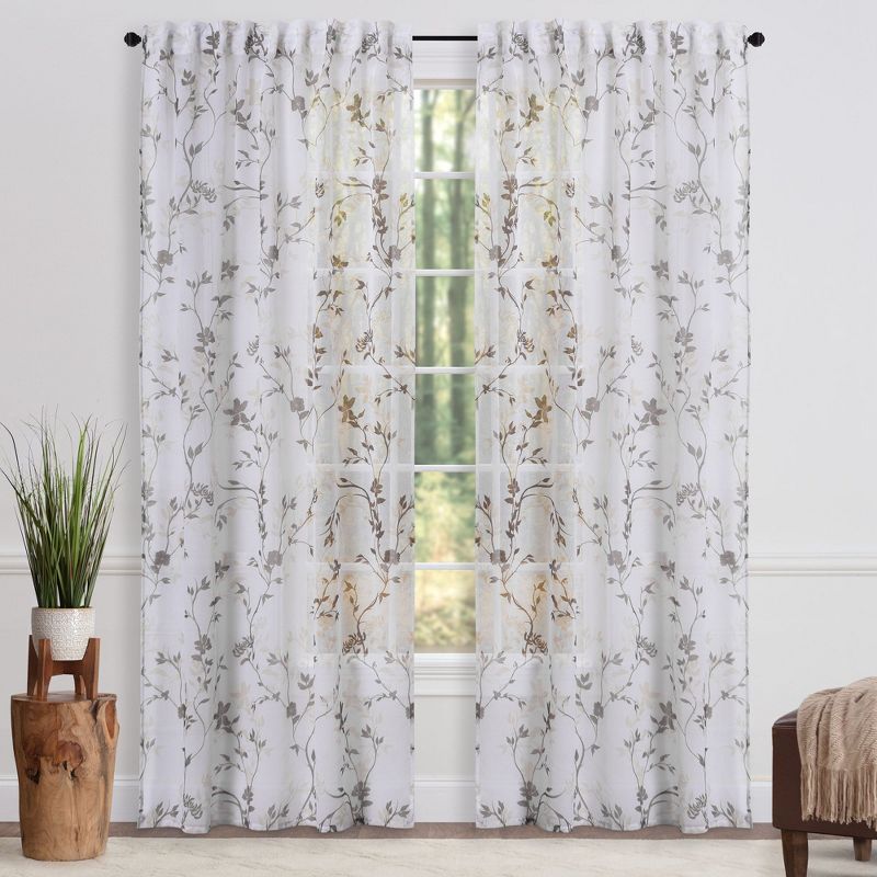 Brown Floral Sheer Polyester Window Curtain Panels, 52 x 108 Inches