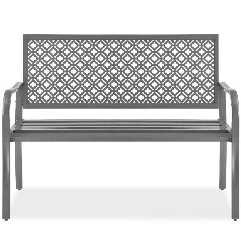 Gray Steel 2-Person Outdoor Garden Bench with Geometric Backrest