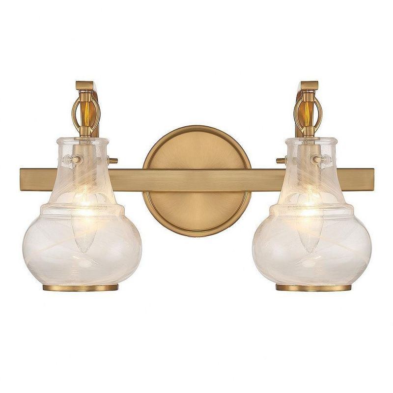 Warm Brass 2-Light Vanity with White Strie Glass Shades