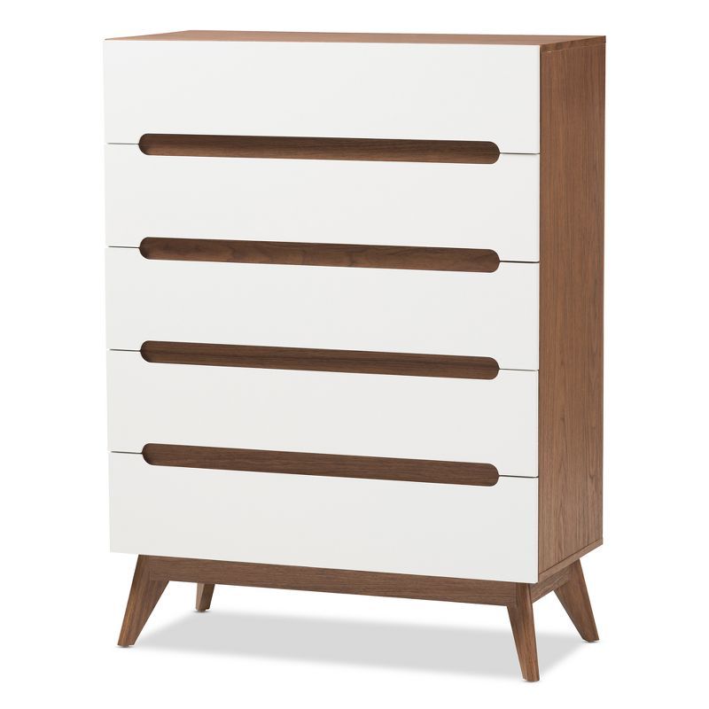 Calypso Mid-Century Modern White and Walnut 5-Drawer Chest