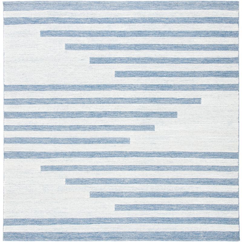 Ivory and Blue Handwoven Kilim Square Wool Rug - 7' x 7'