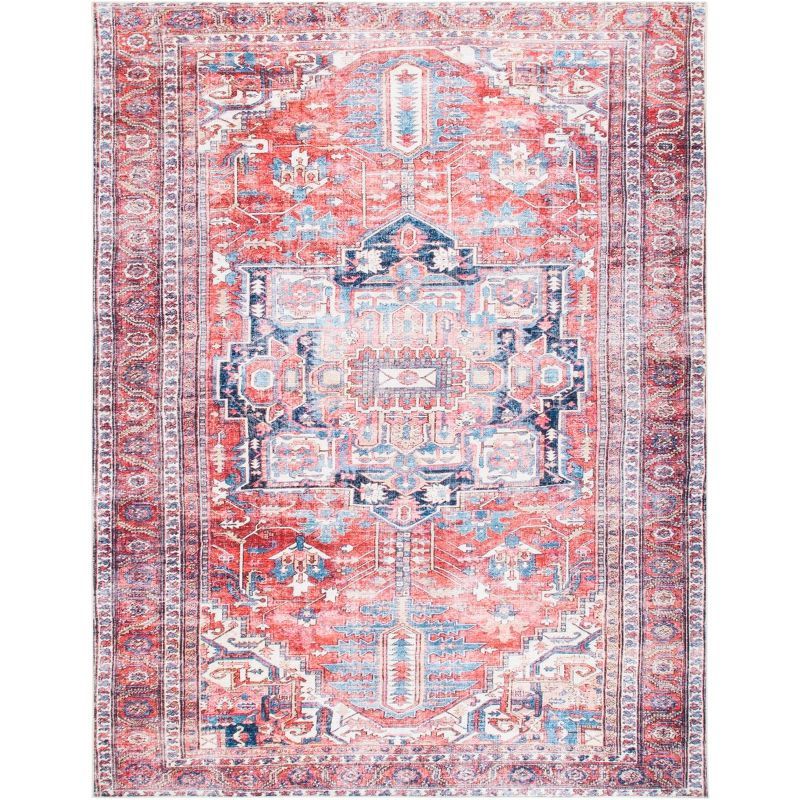 Serapi Red and Navy 6'7" x 9' Machine Washable Viscose Area Rug