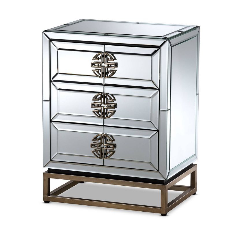 Chinoiseries Antique Bronze Mirrored 3-Drawer Nightstand