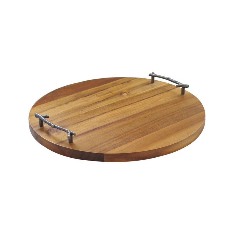 Round Wooden Tray with Natural Finish and Metal Twig Handles