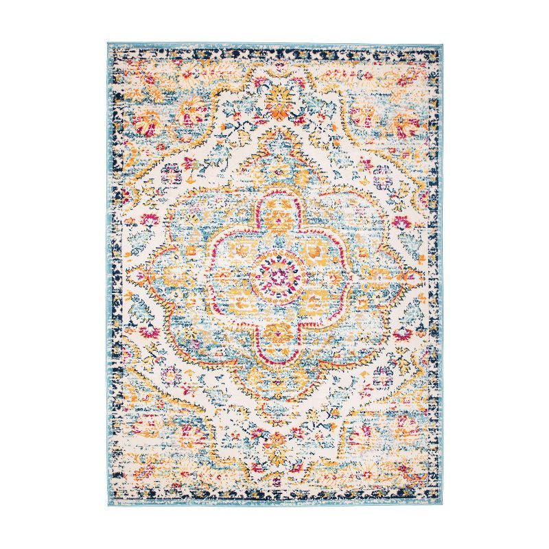 Bohemian Blue and Multicolor Distressed Vintage Area Rug 5' x 7'