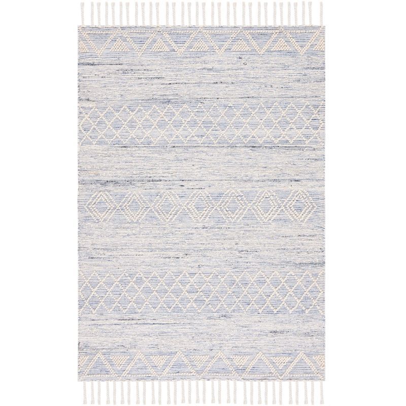 Ivory and Blue Handwoven Wool Area Rug with Fringe