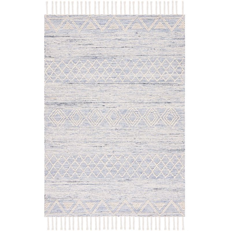 Ivory and Blue Handwoven Wool Area Rug with Fringe