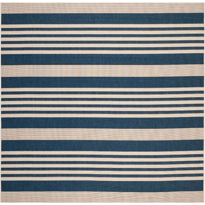 Beige & Blue Striped Square Synthetic Easy-Care Outdoor Rug - 7'10"