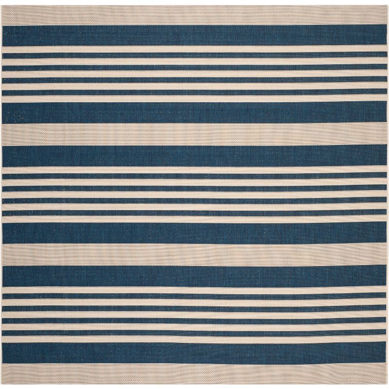 Beige & Blue Striped Square Synthetic Easy-Care Outdoor Rug - 7'10"