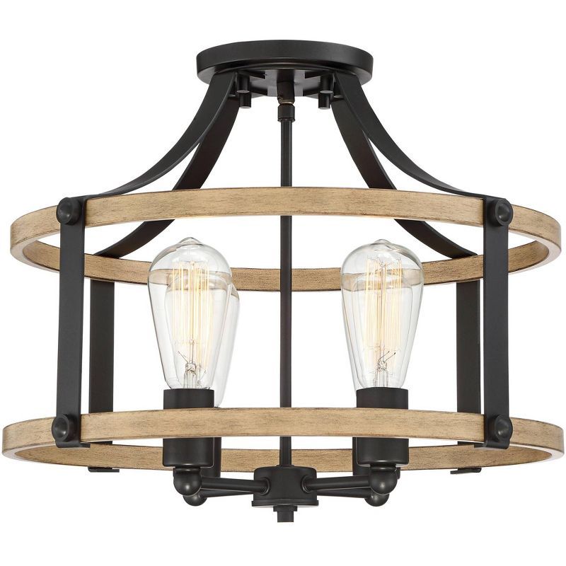 Buford 20" Rustic Farmhouse Black Metal & Faux Wood 4-Light Ceiling Light