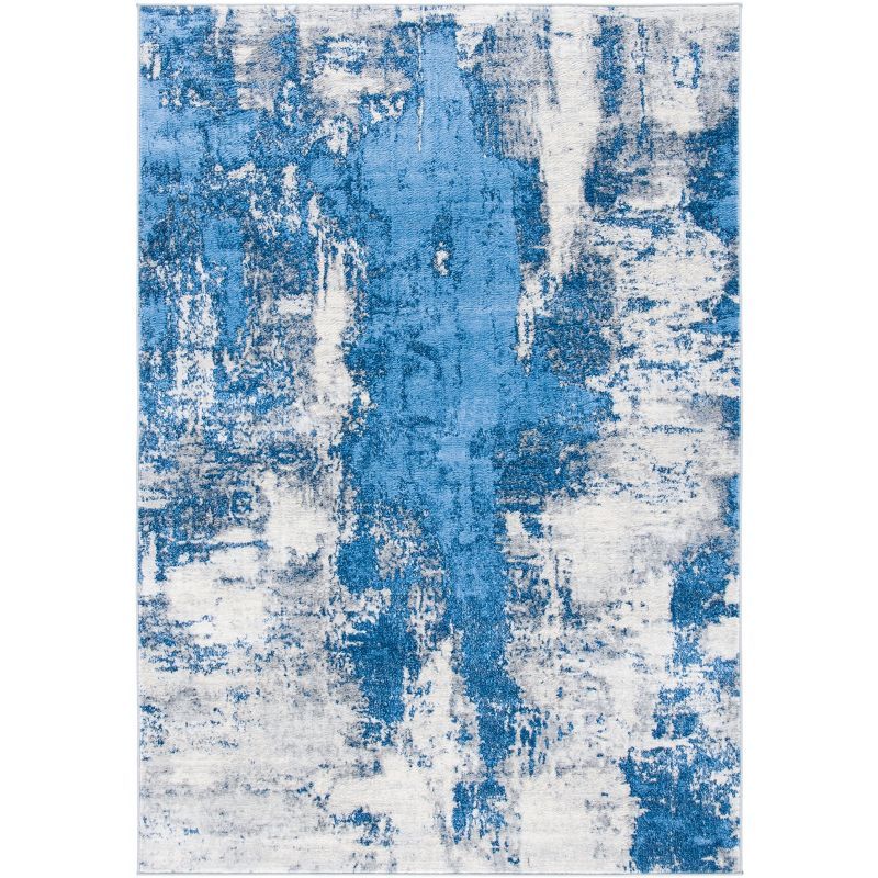 Blue and Ivory Abstract Synthetic Area Rug, 5'3" x 7'6"