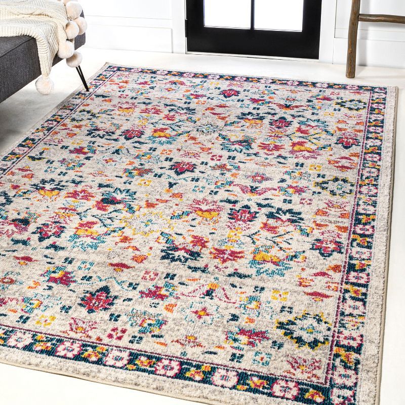 Beige and Multicolor Floral Synthetic 4' x 6' Area Rug