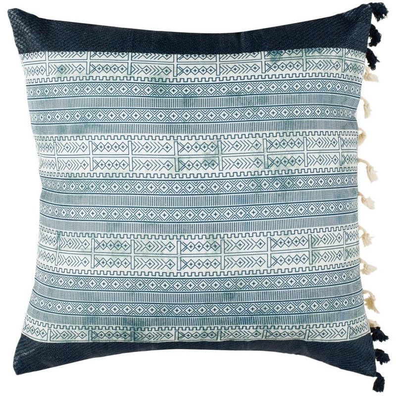 Deep Blue and Gray Geometric Tassel Throw Pillow 16"