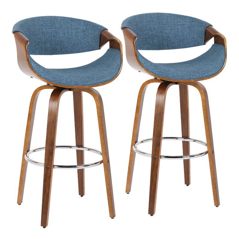 Mid-Century Blue Fabric Swivel Barstool with Walnut Wood Frame