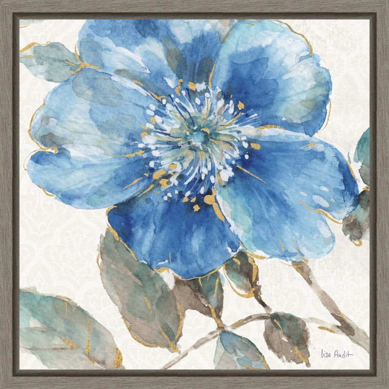 Blue and Gray Floral Canvas Print with Wooden Frame