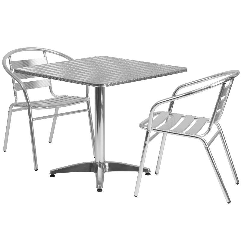 Lila 31.5'' Square Silver Stainless Steel Dining Table Set with 2 Aluminum Chairs