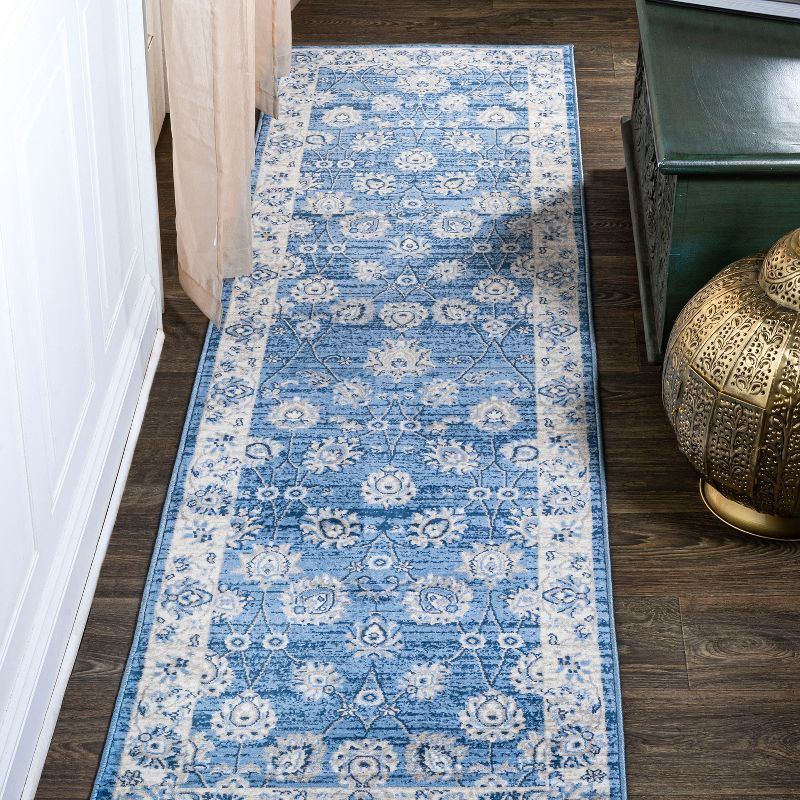 Blue and Ivory Floral Synthetic Runner Rug