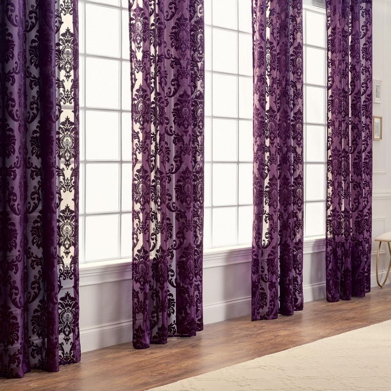 Chanasya 2pk Devore Damask Sheer Grommet Window Curtain Panels - Set of 2 - 52 x 96 Inches Long - Aubergine