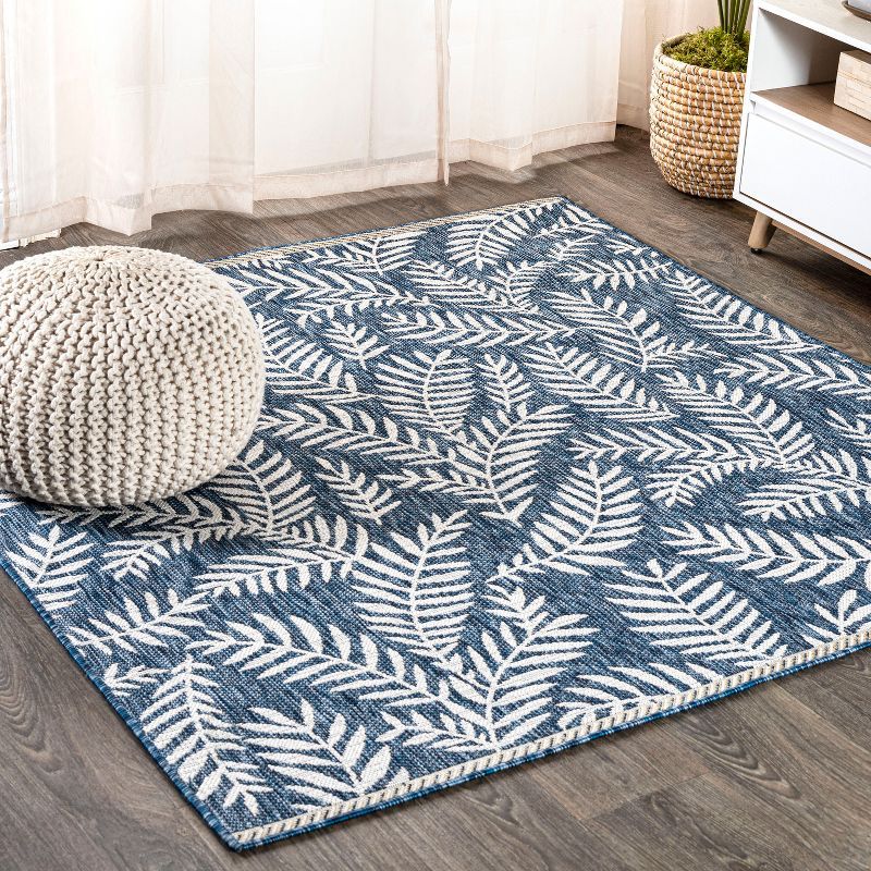 Ivory Navy Palm Frond 5' Square Reversible Outdoor Rug