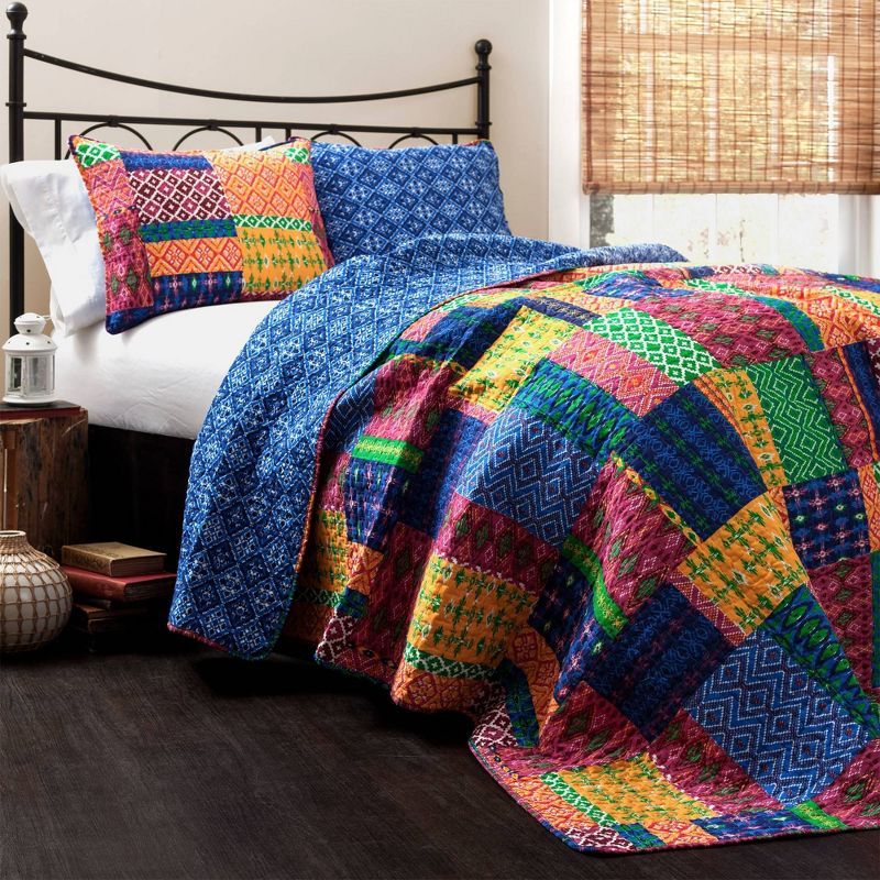 King Size Navy Cotton Reversible Patchwork Quilt Set