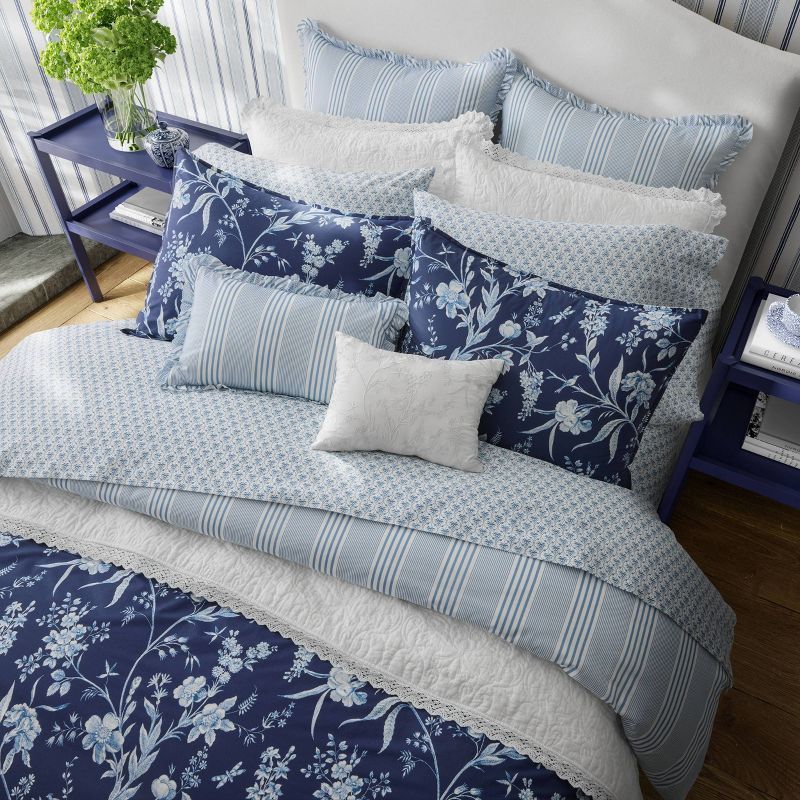 Indigo Blue Floral Cotton Full/Queen Bedspread Cover Set