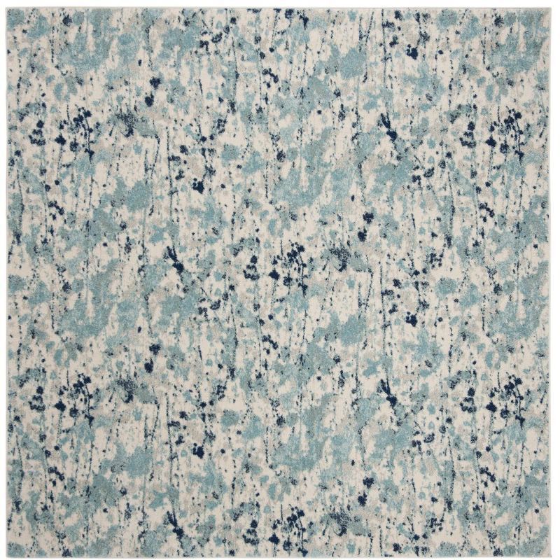 Ivory and Blue Speckled Print Square Synthetic Area Rug