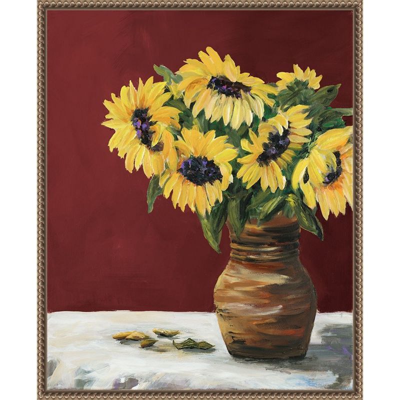 Sunflowers in Maroon Beaded Framed Canvas Wall Art