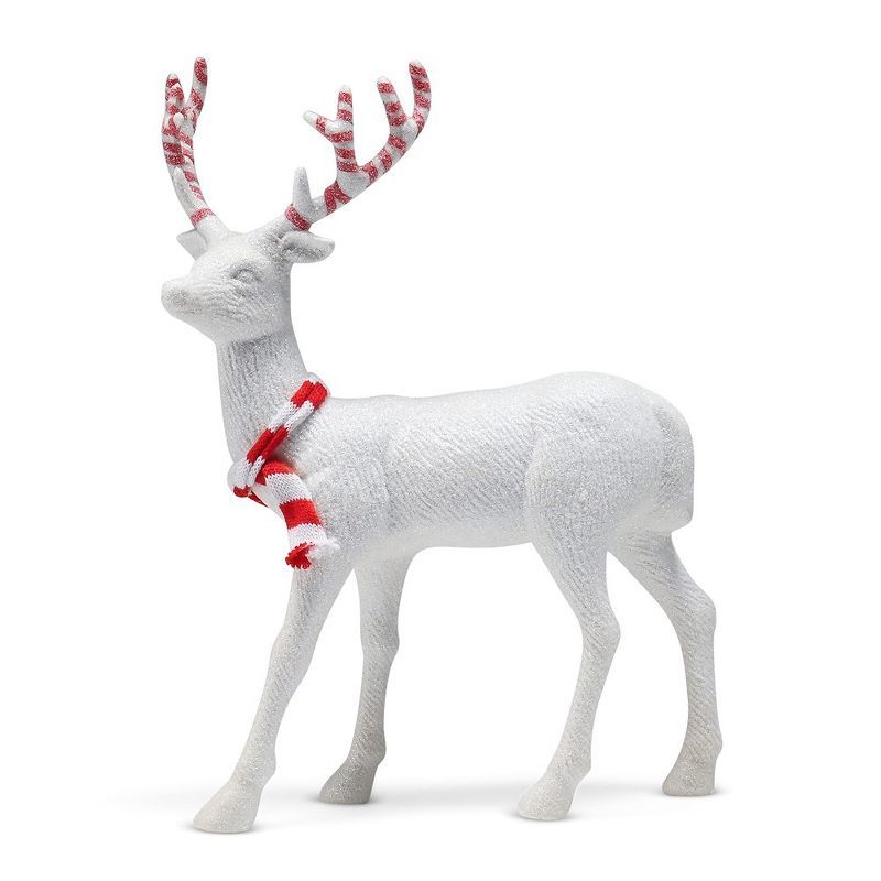 White Glitter Reindeer Figurine with Red Antlers and Scarf, 14"