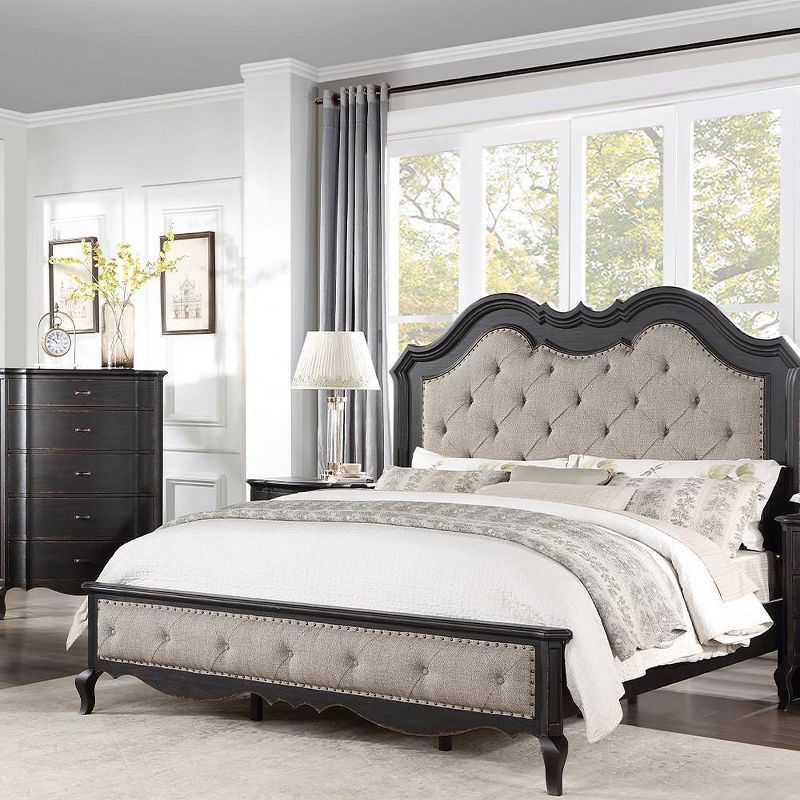 Chelmsford Queen Bed with Beige Tufted Upholstery and Antique Black Wood Frame