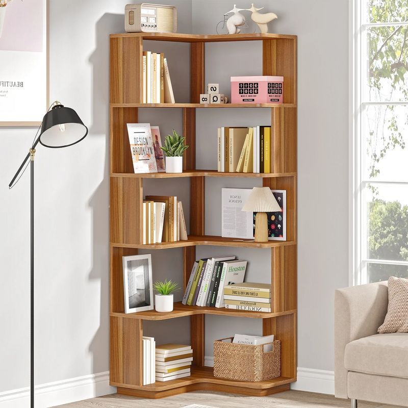 64.96" Brown Wood Grain 6-Tier Corner Bookshelf